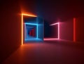 Background of an empty room, corridor. Spotlight, colorful neon light, reflection on tiles. Laser lines, shapes, smog Royalty Free Stock Photo