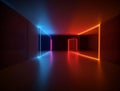 Background of an empty room, corridor. Spotlight, colorful neon light, reflection on tiles. Laser lines, shapes, smog Royalty Free Stock Photo