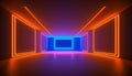 Background of an empty room, corridor. Spotlight, colorful neon light, reflection on tiles. Laser lines, shapes, smog Royalty Free Stock Photo