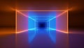 Background of an empty room, corridor. Spotlight, colorful neon light, reflection on tiles. Laser lines, shapes, smog Royalty Free Stock Photo