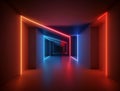 Background of an empty room, corridor. Spotlight, colorful neon light, reflection on tiles. Laser lines, shapes, smog Royalty Free Stock Photo