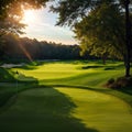 Background of evening golf course has sunlight shining down at golf course in Thailand. Nice scenery on a golf course