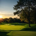 Background of evening golf course has sunlight shining down at golf course in Thailand. Nice scenery on a golf course Royalty Free Stock Photo