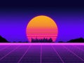 Background with the evening sun in the style of retrowave on a neon sky with stars, cities on the horizon and a luminous grid