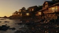 Luxury Beachfront Cabins at Sunset, Ocean View Resort, Serene Coastal Getaway, Background Royalty Free Stock Photo