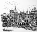 Background facade of the palace in the estate of Quinta de Regaleira, in Sintra, Portugal, hand drawn illustration