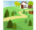 Background for the fairy tale kolobok with a house, a road and a forest. Suitable for printing on paper in book