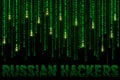 Background with falling cyrillic symbols and inscription Russian Hackers.