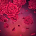 Background with falling realistic roses and petals.