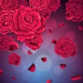 Background with falling realistic roses and petals.