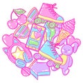 Background with fashion girlish items. Colorful cute teenage illustration.