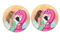 Fashion Illustration of girl kissing flamingo float