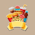 Background with fast food meal. Tasty fastfood lunch products.