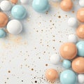 Background with fastive air balloons of round shape and confetti on pastel blue background.