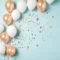 Background with fastive air balloons of round shape and confetti on pastel blue background.