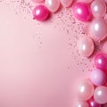 Background with fastive air balloons of round shape and confetti on pink background.