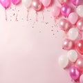 Background with fastive air balloons of round shape and confetti on pink background.