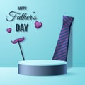 Background for Father`s Day. Pedestal or catwalk with mustache, hearts and big tie.