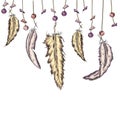 Background with feathers and pebbles in boho style . Handmade work.Vector illustration