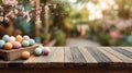 Background featuring a defocused Easter theme over an empty table Royalty Free Stock Photo