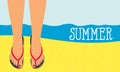 Background feet in slippers on the background of the beach top view. Royalty Free Stock Photo