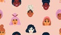 Background with female diverse faces of different ethnicity. Vector seamless pattern.