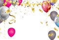 Background with festive realistic balloons with ribbon. Celebration design with baloon studded with gold sparkles Celebrate Royalty Free Stock Photo