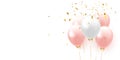 Background with festive realistic balloons with ribbon. Color pink and white, studded with gold sparkles and glitter confetti. Royalty Free Stock Photo