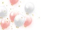 Background with festive realistic balloons with ribbon. Color pink and white, studded with gold sparkles and glitter confetti.