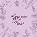 Background filled with bunches of grapes, wine glasses, and bottles on the sides. Royalty Free Stock Photo