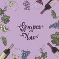 Background filled with bunches of grapes, wine glasses, and bottles on the sides. Royalty Free Stock Photo