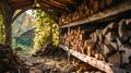 Background, firewood warehouse, early autumn, shelves