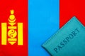 On the background of the flag of Mongolia is a passport