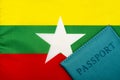 On the background of the flag of Myanmar is a passport