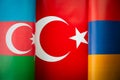 Background of the flags of the azerbaijan, Turkey, armenia. concept of interaction or counteraction between the two countries.