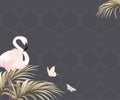 Background with flamingos and golden palm leaves