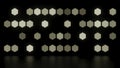 Background of flashing hexagons. Design. Glowing hexagons with reflection on surface of black background. Geometric