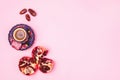 Background Flat Lay with Turkish Delight Turkish Coffee Date Fruit and Garnet on Pink Background Top View Copy Space Ramadan Royalty Free Stock Photo