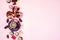 Background FlatLay with Turkish Delight Turkish Coffee Date Fruit and Garnet on Pink Background Top View Copy Space Ramadan Royalty Free Stock Photo