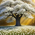 Background of a flowery tree in with white flowers and golden interior wall