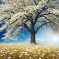 Background of a flowery tree in with white flowers and golden interior wall