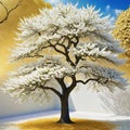 Background of a flowery tree in with white flowers and golden interior wall