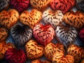 Background of fluffy hearts in animal print.