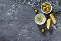 Background food with olive oil, rosemary and lemon. Copy space. Royalty Free Stock Photo