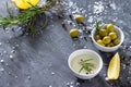 Background food with olive oil, rosemary and lemon. Copy space. Royalty Free Stock Photo