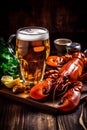 background food seafood glass beer crayfish red crab dinner crawfish snack. Generative AI. Royalty Free Stock Photo