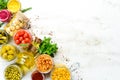 Background of food stocks in glass jars. Pickled vegetables and mushrooms.