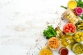 Background of food stocks in glass jars. Pickled vegetables and mushrooms. Royalty Free Stock Photo