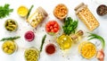 Background of food stocks in glass jars. Pickled vegetables and mushrooms.