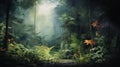 Background background outdoor jungle fantasy trees foggy forest tropical nature green landscape Royalty Free Stock Photo